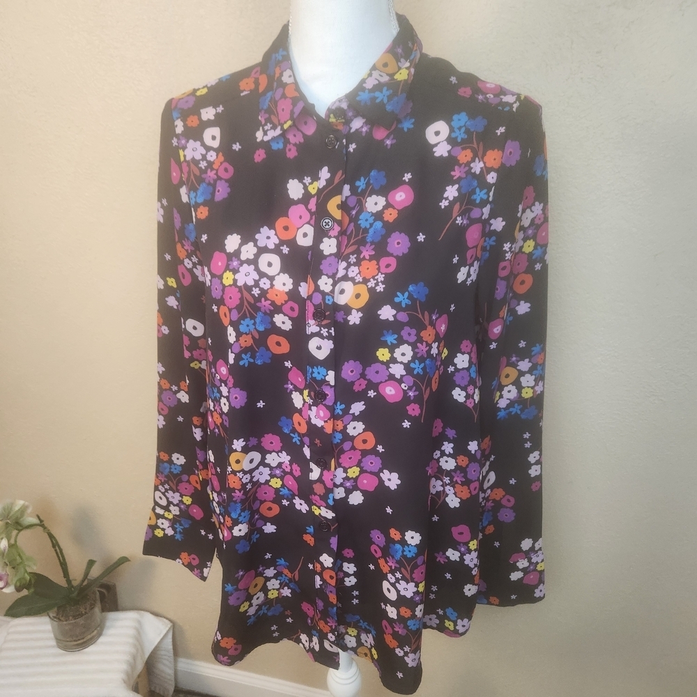 POPSUGAR Groovy Floral Button Down Blouse Medium (8085)